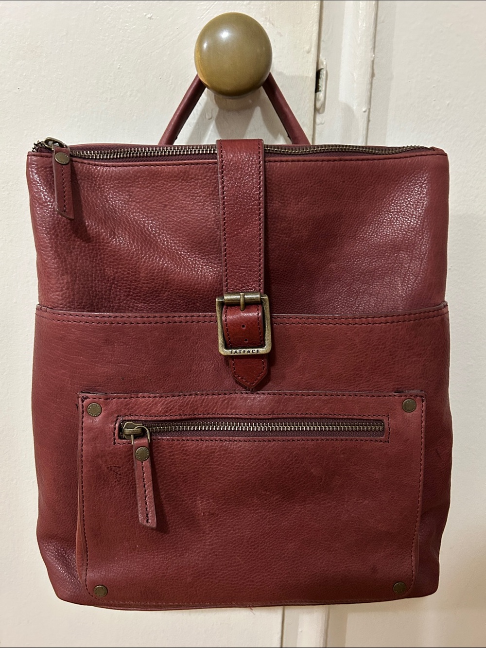 Genuine Leather Red Backpack with Front Zip Pocket